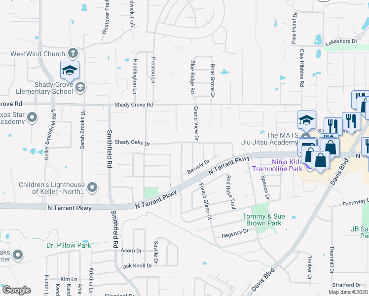map of restaurants, bars, coffee shops, grocery stores, and more near 8421 Grand View Drive in North Richland Hills