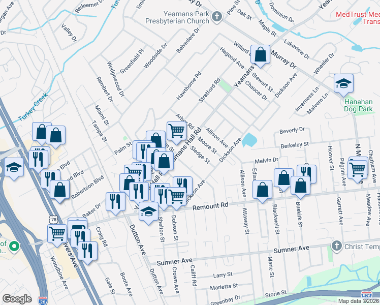 map of restaurants, bars, coffee shops, grocery stores, and more near 1235 Yeamans Hall Road in Hanahan