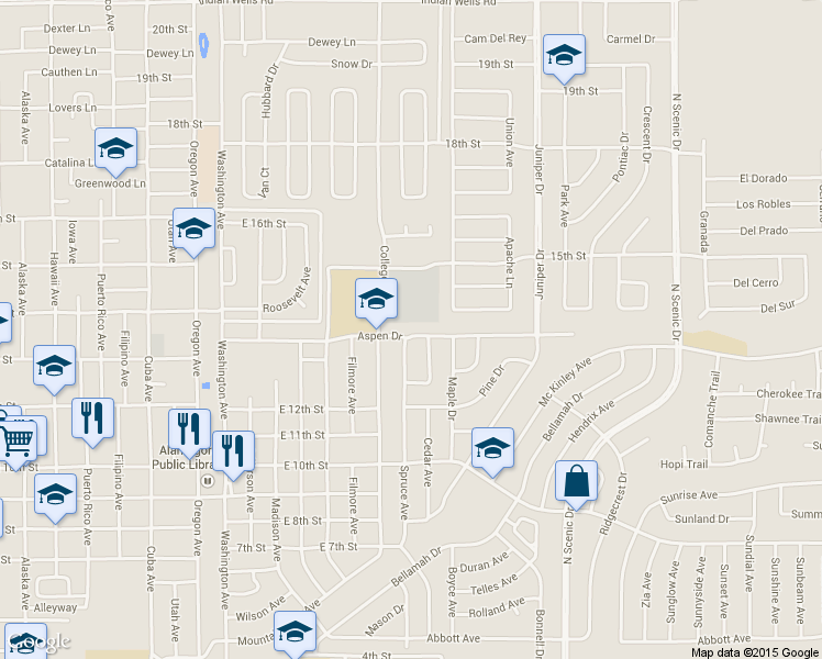 map of restaurants, bars, coffee shops, grocery stores, and more near 2101 Aspen Drive in Alamogordo