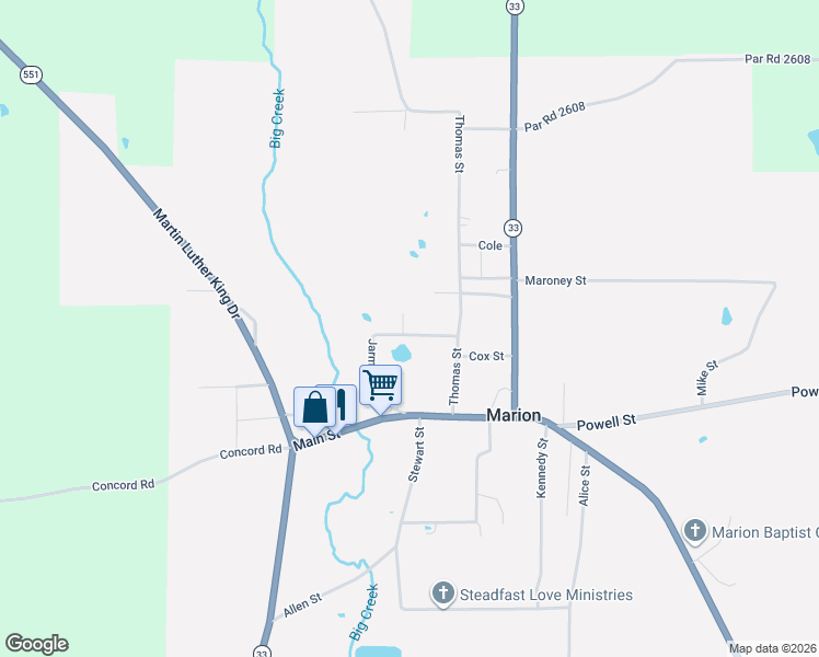 map of restaurants, bars, coffee shops, grocery stores, and more near Jarmon Street in Marion