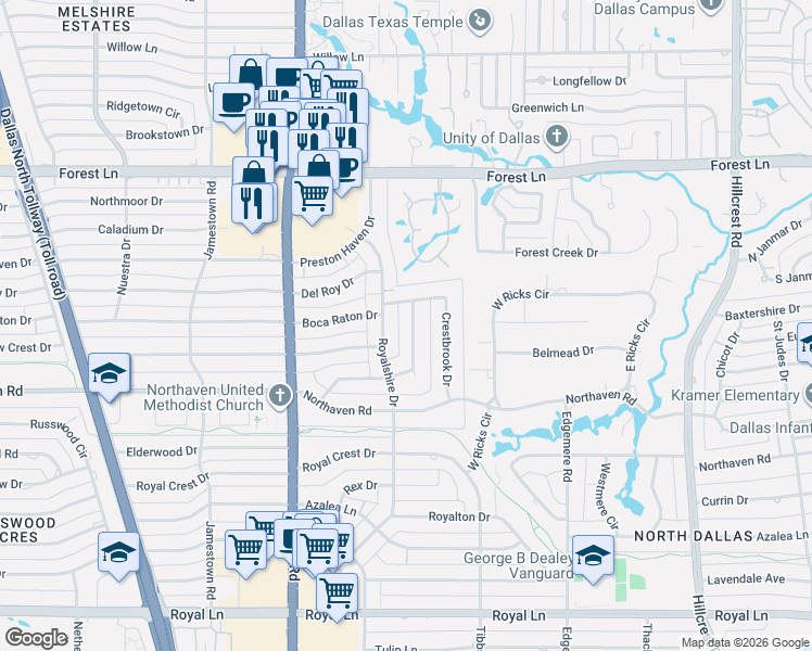map of restaurants, bars, coffee shops, grocery stores, and more near 11443 Parkchester Drive in Dallas