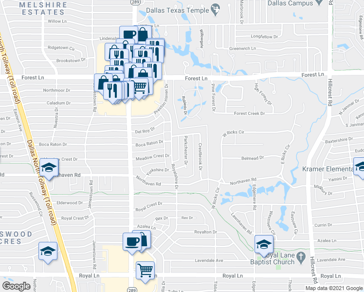 map of restaurants, bars, coffee shops, grocery stores, and more near 11451 Parkchester Drive in Dallas