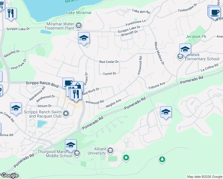 map of restaurants, bars, coffee shops, grocery stores, and more near 9965 Ritter Court in San Diego
