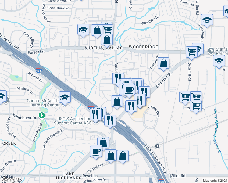 map of restaurants, bars, coffee shops, grocery stores, and more near 9720 Summerwood Circle in Dallas