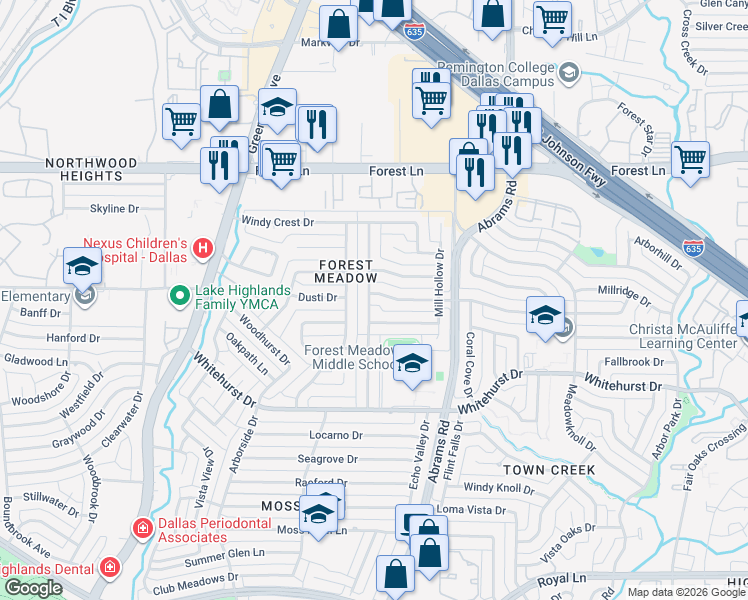 map of restaurants, bars, coffee shops, grocery stores, and more near 9205 Middle Glen Drive in Dallas