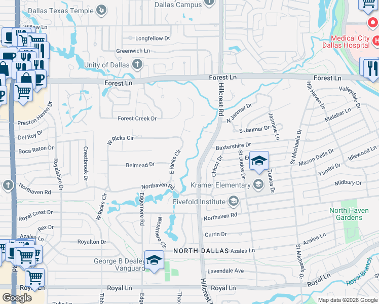 map of restaurants, bars, coffee shops, grocery stores, and more near 11415 Hillcrest Road in Dallas