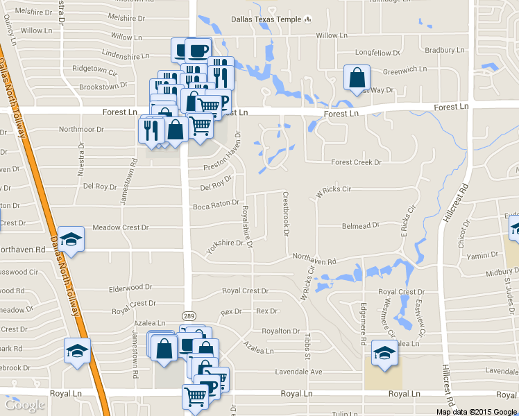 map of restaurants, bars, coffee shops, grocery stores, and more near 11443 Parkchester Drive in Dallas