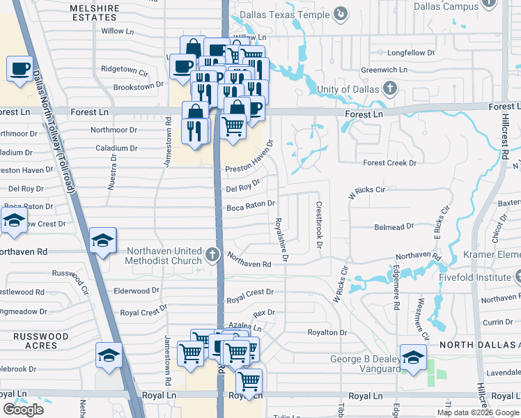 map of restaurants, bars, coffee shops, grocery stores, and more near 6123 Meadow Crest Drive in Dallas