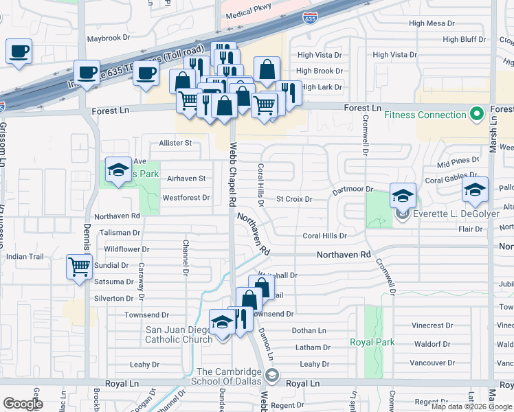 map of restaurants, bars, coffee shops, grocery stores, and more near 3173 Northaven Road in Dallas