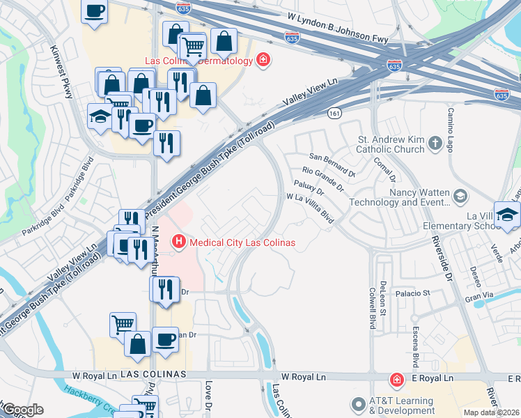 map of restaurants, bars, coffee shops, grocery stores, and more near 14 Cobblestone Lane in Irving
