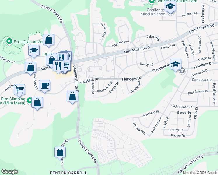 map of restaurants, bars, coffee shops, grocery stores, and more near 7427 Kamwood Street in San Diego