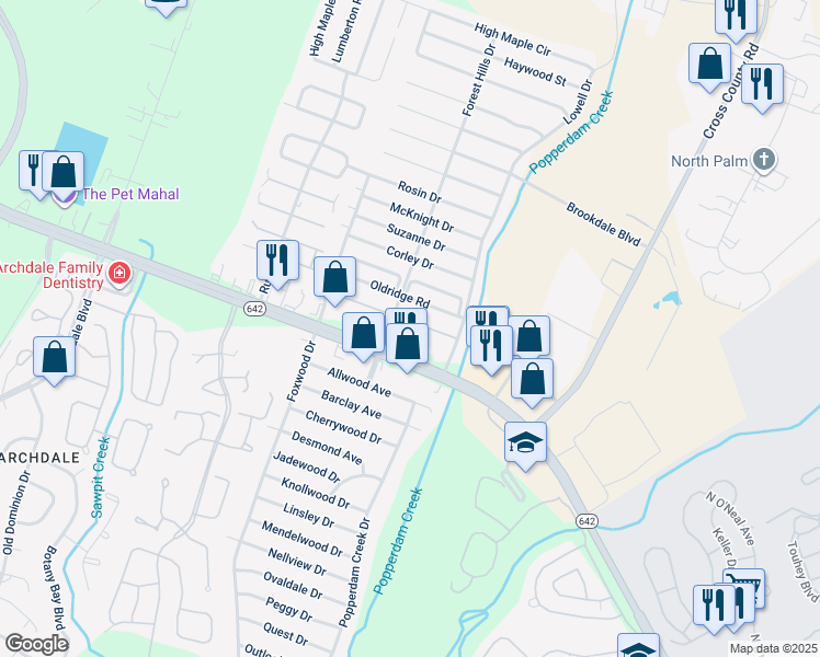 map of restaurants, bars, coffee shops, grocery stores, and more near 7645 Warsaw Road in North Charleston