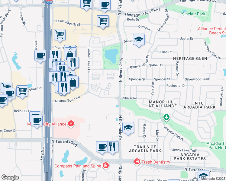 map of restaurants, bars, coffee shops, grocery stores, and more near 8499 Old Denton Road in Fort Worth