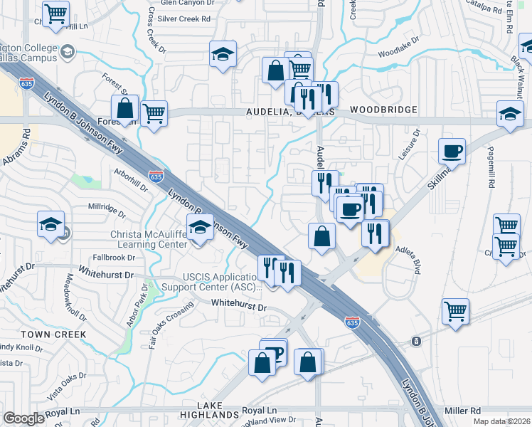 map of restaurants, bars, coffee shops, grocery stores, and more near 9821 Summerwood Circle in Dallas