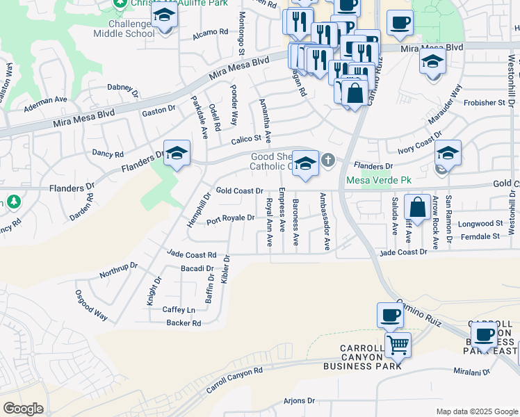 map of restaurants, bars, coffee shops, grocery stores, and more near 7994 Port Royale Drive in San Diego