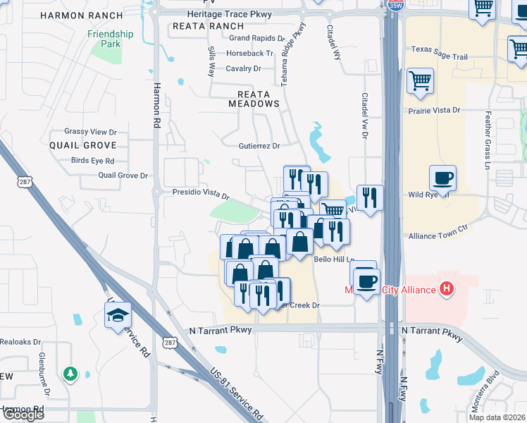 map of restaurants, bars, coffee shops, grocery stores, and more near Presidio Vista Drive in Fort Worth
