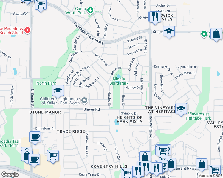 map of restaurants, bars, coffee shops, grocery stores, and more near 9032 Hawley Drive in Fort Worth