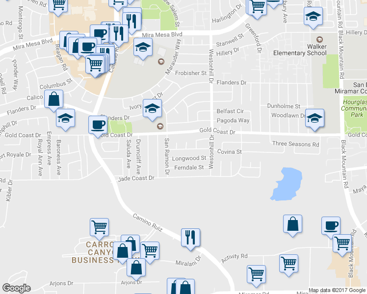 map of restaurants, bars, coffee shops, grocery stores, and more near 10252 Covina Place in San Diego