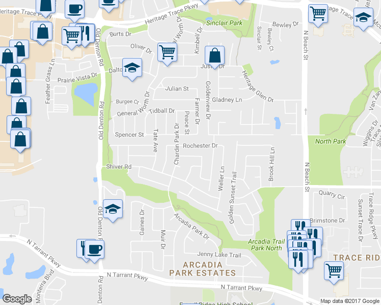map of restaurants, bars, coffee shops, grocery stores, and more near 3925 Diamond Ridge Drive in Fort Worth