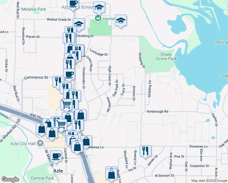 map of restaurants, bars, coffee shops, grocery stores, and more near 725 Oak Park Drive in Azle