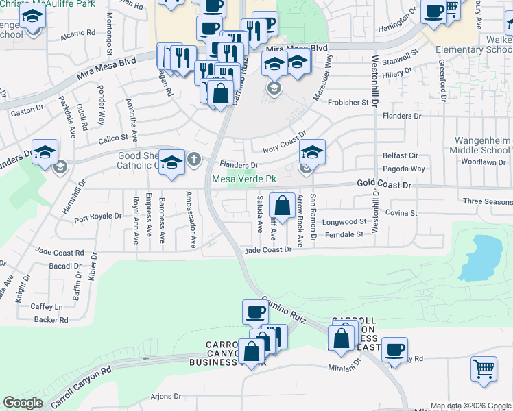 map of restaurants, bars, coffee shops, grocery stores, and more near 10264 Saluda Avenue in San Diego