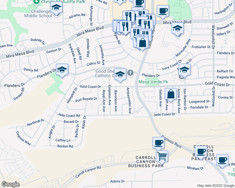 map of restaurants, bars, coffee shops, grocery stores, and more near 10239 Baroness Avenue in San Diego