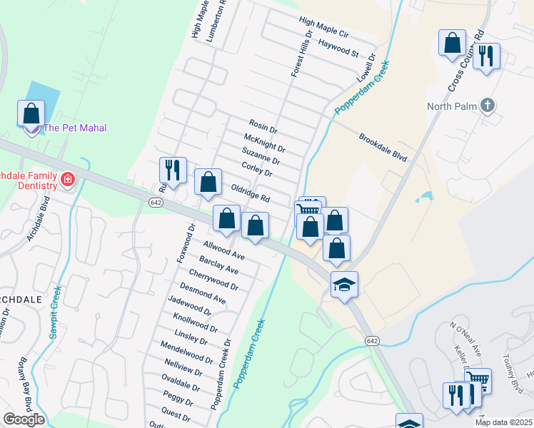 map of restaurants, bars, coffee shops, grocery stores, and more near 7645 Warsaw Road in North Charleston