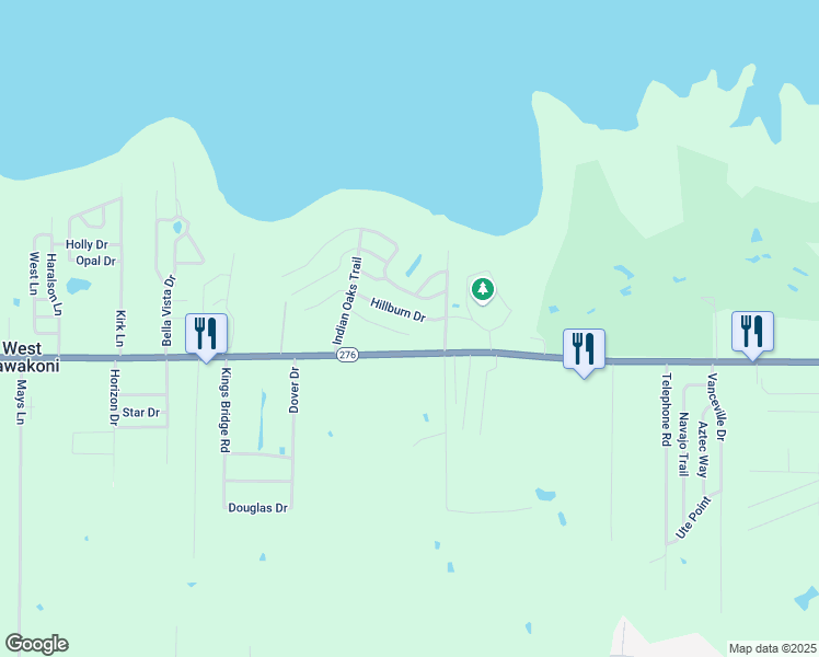 map of restaurants, bars, coffee shops, grocery stores, and more near 1030 Texas 276 in Quinlan