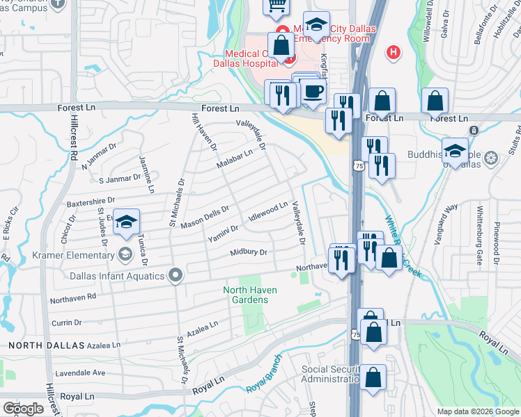 map of restaurants, bars, coffee shops, grocery stores, and more near 7715 Idlewood Lane in Dallas