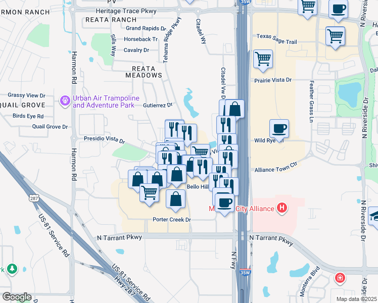 map of restaurants, bars, coffee shops, grocery stores, and more near 8952 Tehama Ridge Parkway in Fort Worth