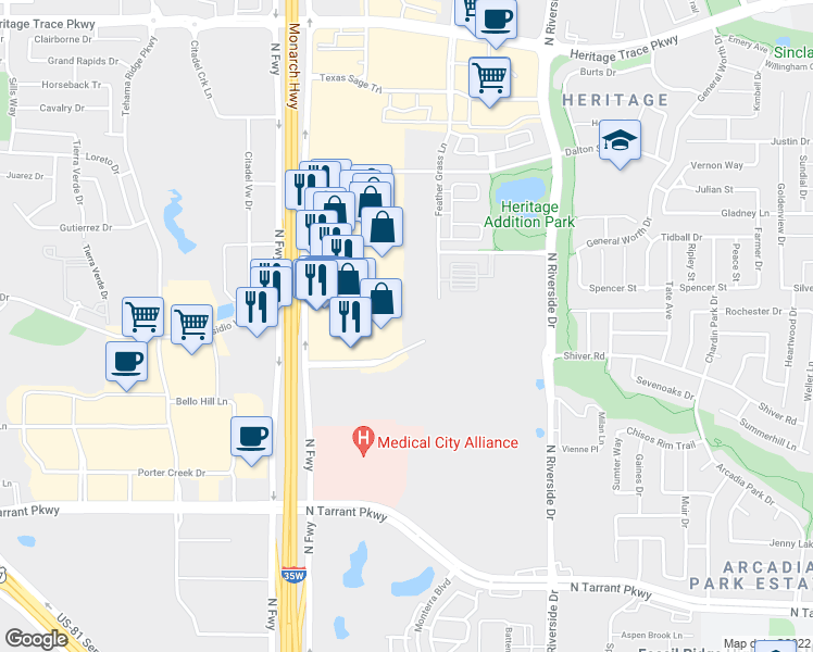 map of restaurants, bars, coffee shops, grocery stores, and more near 3201 Alliance Town Center in Fort Worth