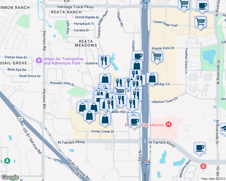 map of restaurants, bars, coffee shops, grocery stores, and more near 8952 Tehama Ridge Parkway in Fort Worth