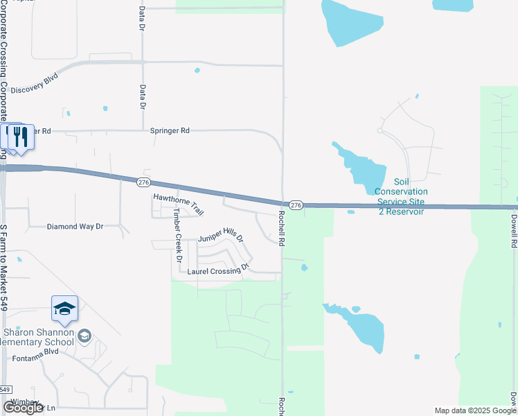 map of restaurants, bars, coffee shops, grocery stores, and more near 3878 Pinebluff Lane in Rockwall