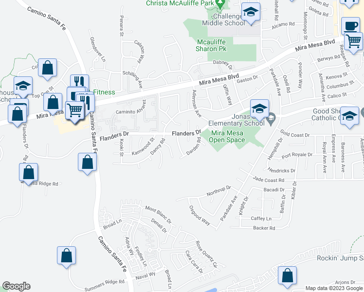 map of restaurants, bars, coffee shops, grocery stores, and more near 10343 Penrod Lane in San Diego