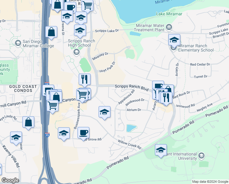 map of restaurants, bars, coffee shops, grocery stores, and more near 10215 Caminito Rio Branco in San Diego