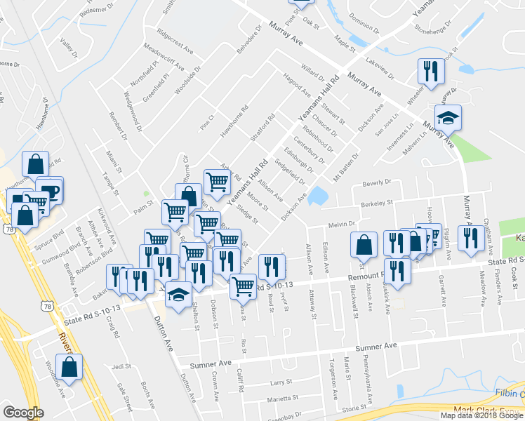 map of restaurants, bars, coffee shops, grocery stores, and more near 5813 Moore Street in Hanahan