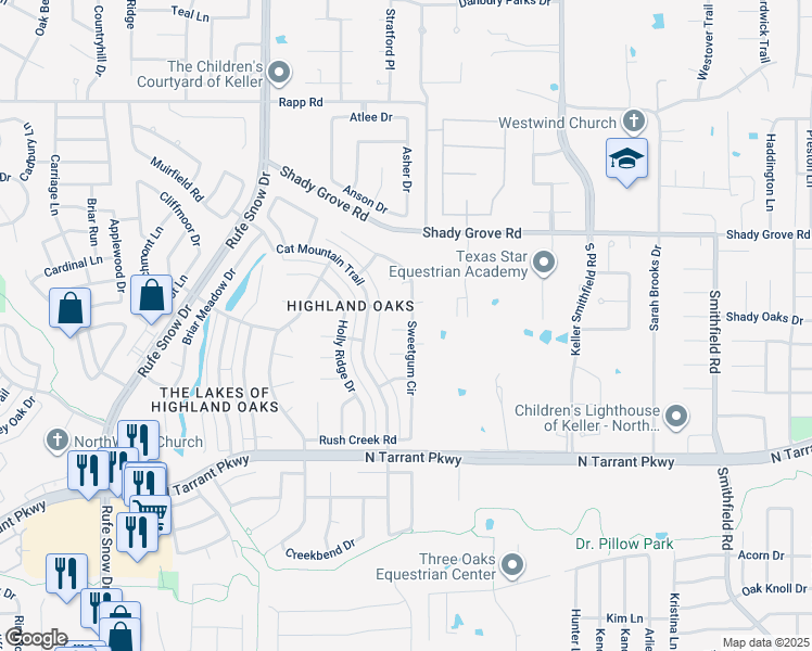 map of restaurants, bars, coffee shops, grocery stores, and more near 1002 Red Oak Court in Keller
