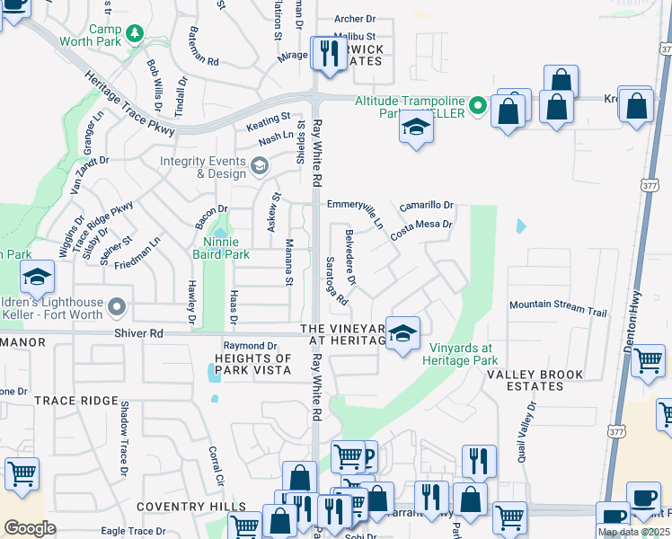 map of restaurants, bars, coffee shops, grocery stores, and more near 9017 Saratoga Road in Fort Worth