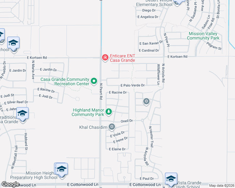 map of restaurants, bars, coffee shops, grocery stores, and more near 1562 East Judi Place in Casa Grande