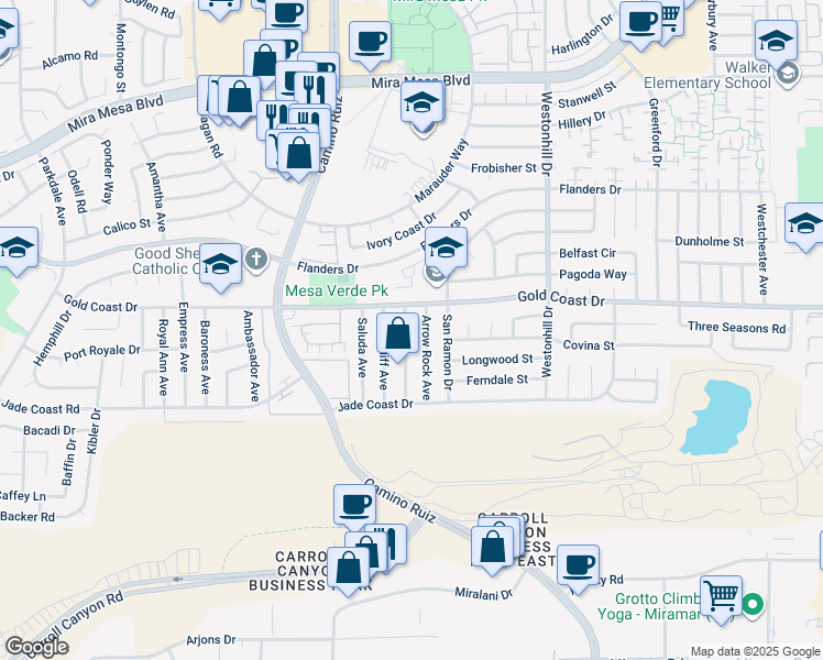 map of restaurants, bars, coffee shops, grocery stores, and more near 10265 Eagle Rock Avenue in San Diego