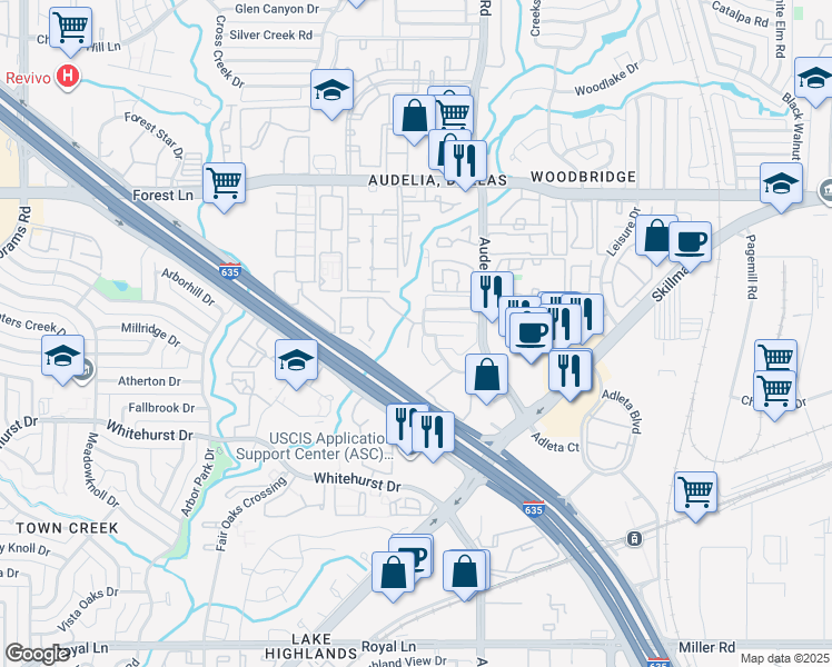 map of restaurants, bars, coffee shops, grocery stores, and more near 9821 Summerwood Circle in Dallas