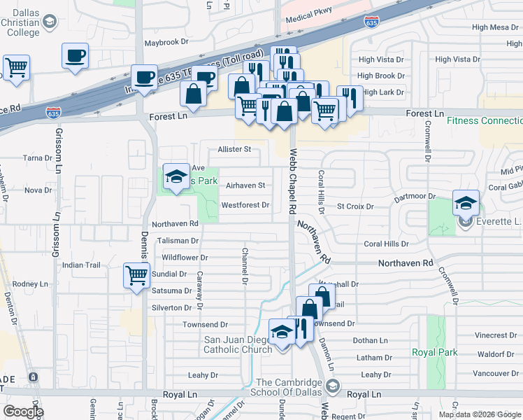map of restaurants, bars, coffee shops, grocery stores, and more near 3046 Westforest Dr in Dallas