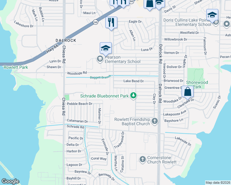 map of restaurants, bars, coffee shops, grocery stores, and more near 4801 Wills Court in Rowlett