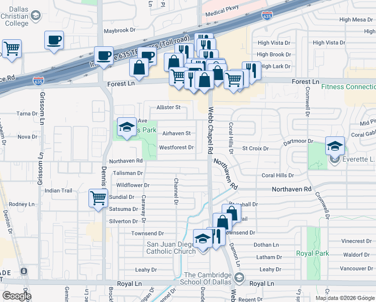 map of restaurants, bars, coffee shops, grocery stores, and more near 3046 Westforest Drive in Dallas