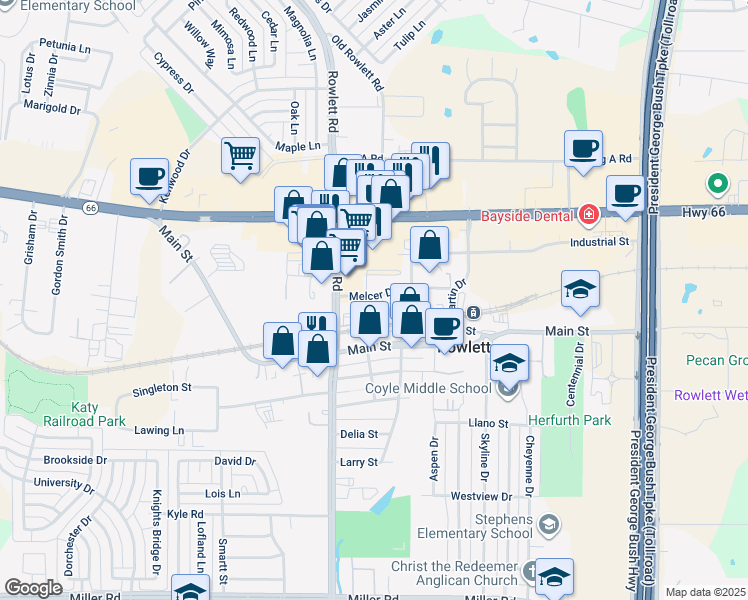 map of restaurants, bars, coffee shops, grocery stores, and more near 3721 Richards Street in Rowlett