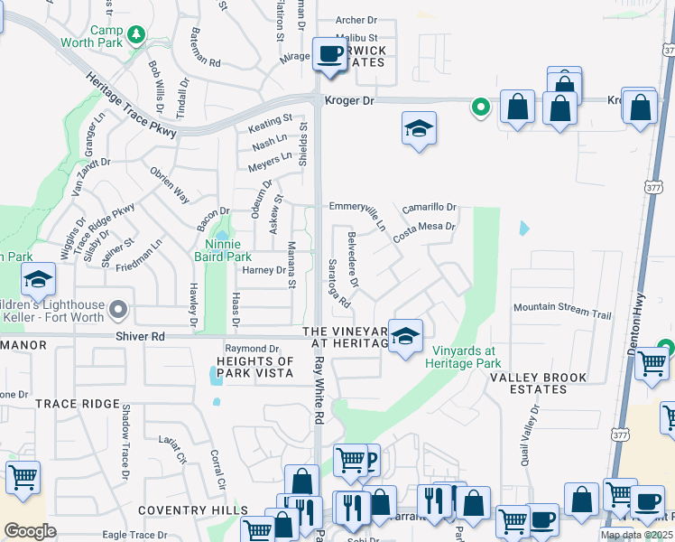 map of restaurants, bars, coffee shops, grocery stores, and more near 9017 Saratoga Road in Fort Worth