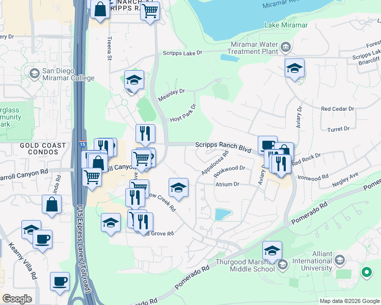 map of restaurants, bars, coffee shops, grocery stores, and more near 10271 Caminito Rio Branco in San Diego