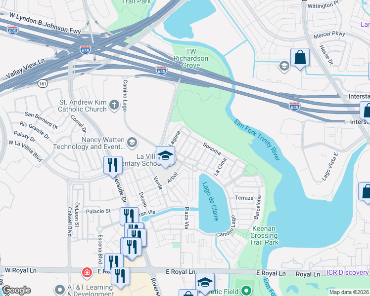 map of restaurants, bars, coffee shops, grocery stores, and more near 1612 Camino Lago in Irving