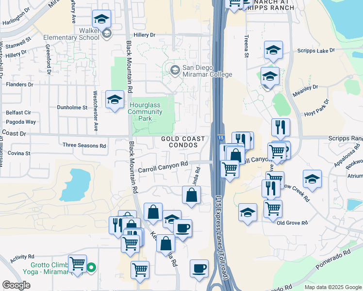map of restaurants, bars, coffee shops, grocery stores, and more near 9585 Gold Coast Drive in San Diego