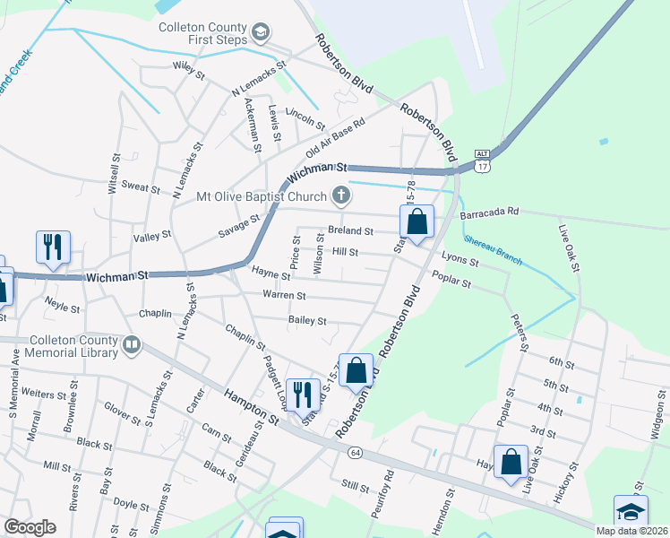 map of restaurants, bars, coffee shops, grocery stores, and more near 412 Haynes Street in Walterboro